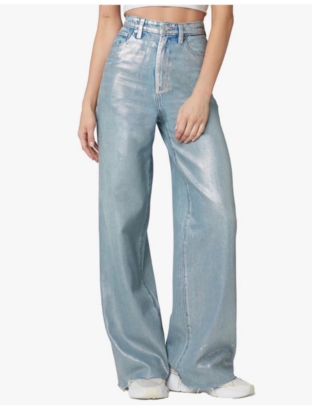 BLANKNYC Franklin Metallic Coated Wide Leg Jeans High Rise Light Wash 26